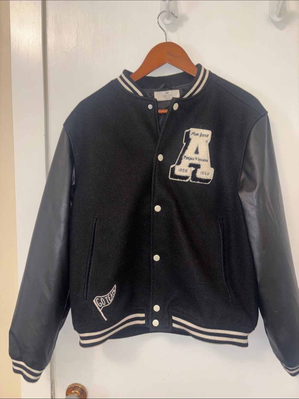 H&M Black and White Varsity Jacket with Leather-Look Sleeves